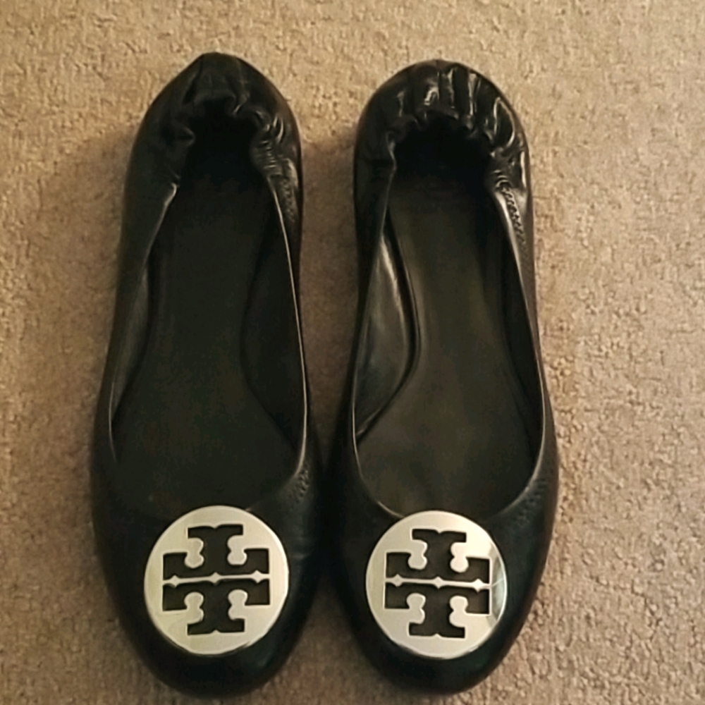 Tory Burch black Reva flats with silver emblem